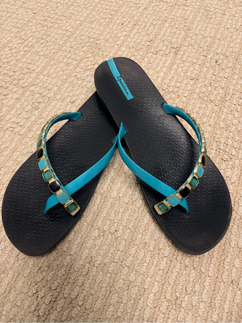 Ipanema Black and Teal Jeweled Thong Sandals